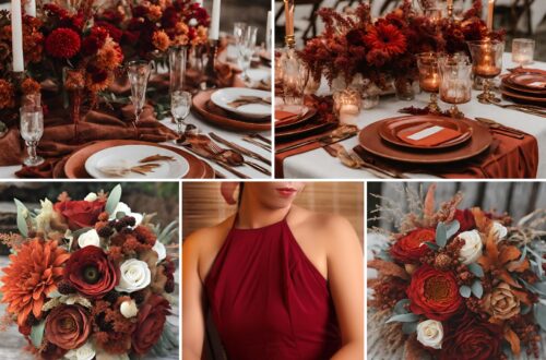 A photo collage of red and rust wedding color ideas.