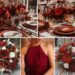 A photo collage of red and rust wedding color ideas.