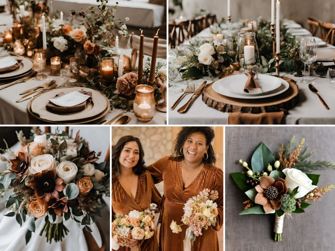 A photo collage of earth tone wedding color ideas.