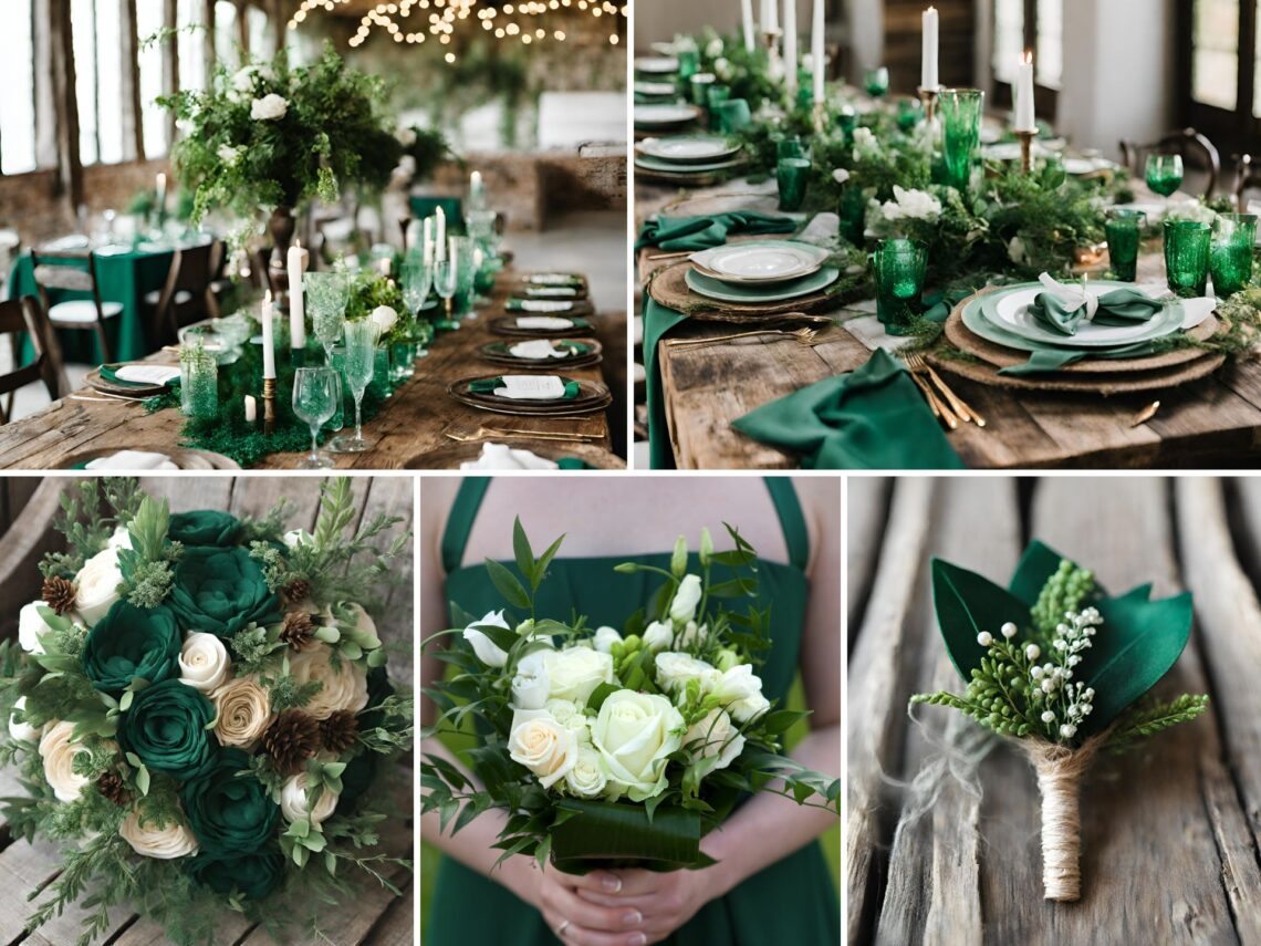 A photo collage of emerald green and rustic brown wedding color ideas.