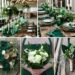 A photo collage of emerald green and rustic brown wedding color ideas.