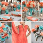 A photo collage of coral, aqua, grey, and tan wedding color ideas.