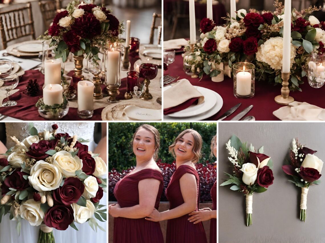 A photo collage of burgundy, cream, and beige wedding color ideas.