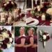 A photo collage of burgundy, cream, and beige wedding color ideas.