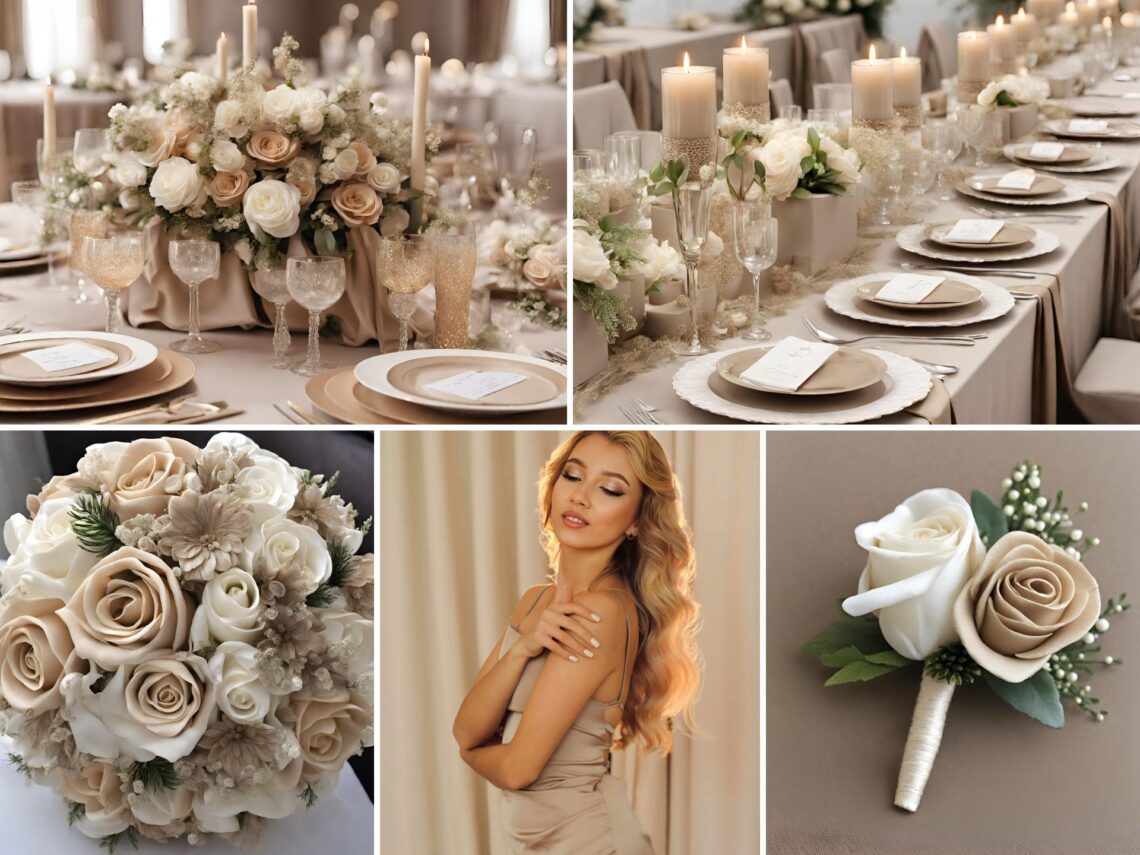 A photo collage of beige and champagne wedding color ideas.