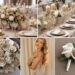 A photo collage of beige and champagne wedding color ideas.