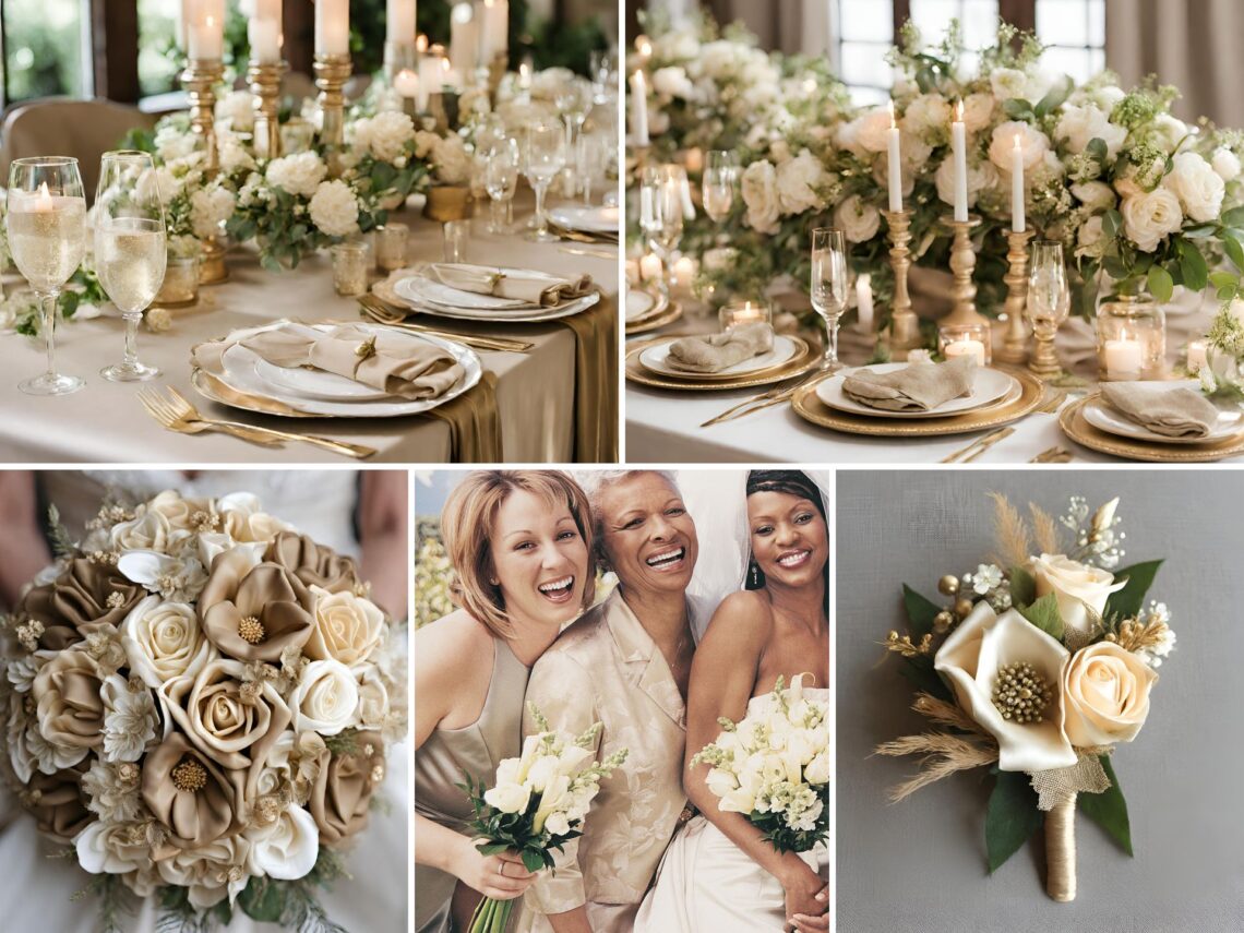 A photo collage of champagne, gold, and khaki wedding color ideas.