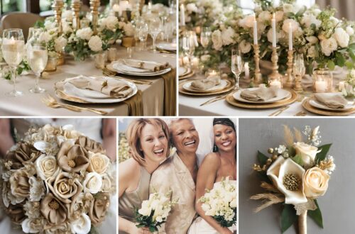 A photo collage of champagne, gold, and khaki wedding color ideas.