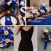 A photo collage of royal blue, black, and rose gold wedding color ideas.