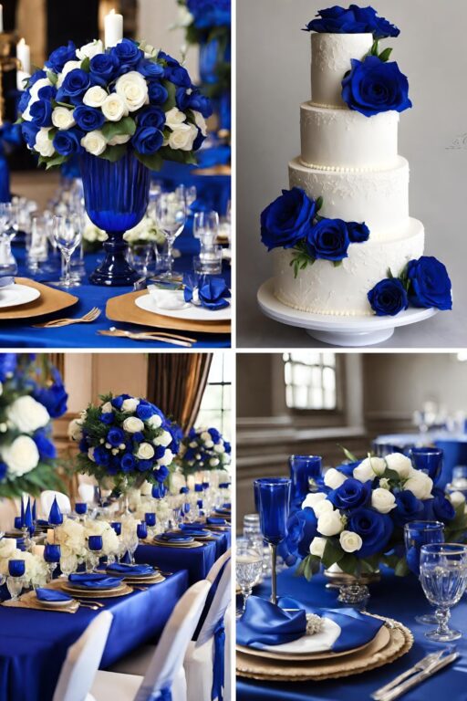 A photo collage of royal blue and white wedding color ideas.