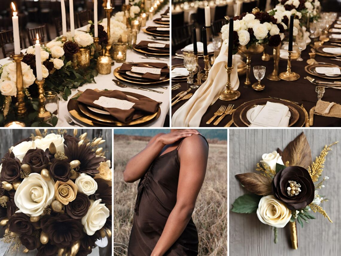 A photo collage of dark brown, gold, and cream wedding color ideas.