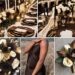 A photo collage of dark brown, gold, and cream wedding color ideas.
