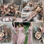 A photo collage of dusty pink, grey, and tan wedding color ideas.
