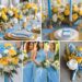 A photo collage of sky blue, gold yellow, and white wedding color ideas.