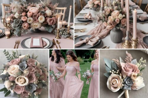 A photo collage of dusty pink, grey, and tan wedding color ideas.