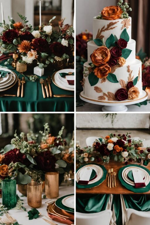A photo collage of emerald green, burgundy, terracotta, and gold wedding ideas.