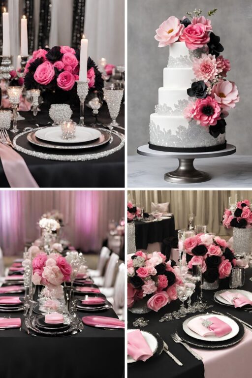 A photo collage of black, hot pink, light pink, and diamond wedding color ideas.