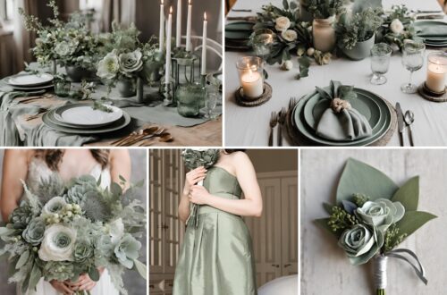 A photo collage of sage green and grey wedding color ideas.