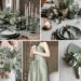 A photo collage of sage green and grey wedding color ideas.