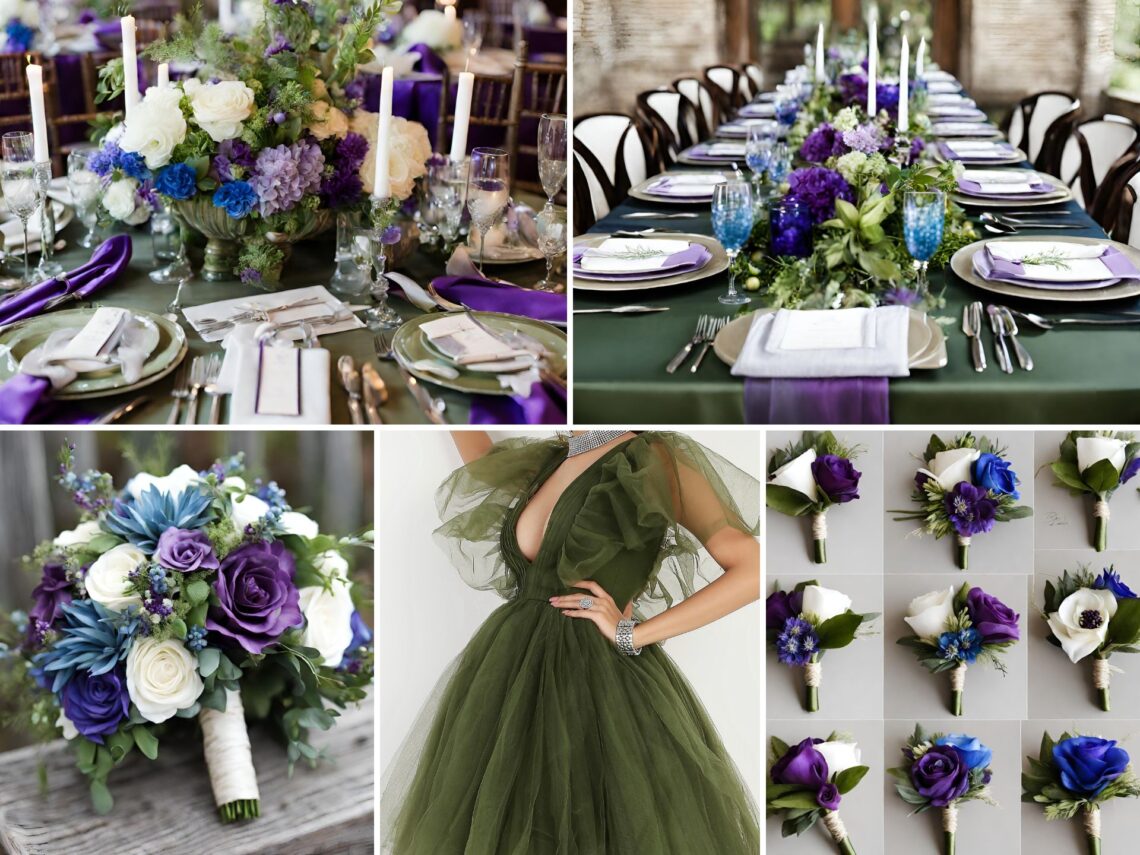 A photo collage of army green, purple, blue, and white wedding color ideas.