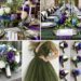 A photo collage of army green, purple, blue, and white wedding color ideas.