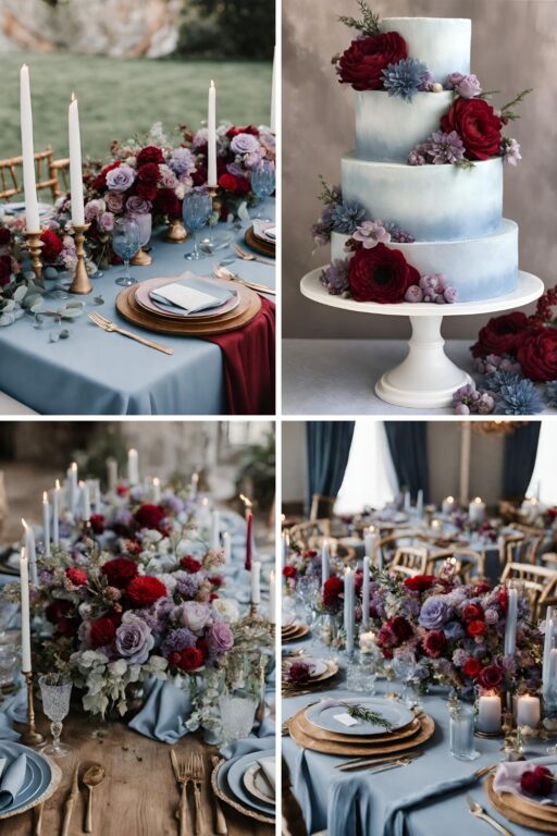 A photo collage of dusty blue, light purple, and red wedding color ideas.