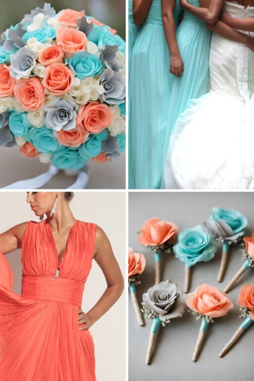 A photo collage of coral, aqua, grey, and tan wedding color ideas.