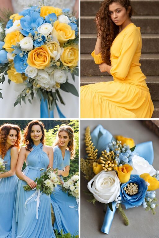 A photo collage of sky blue, gold yellow, and white wedding color ideas.