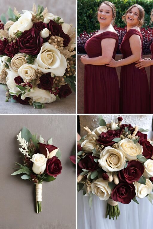 A photo collage of burgundy, cream, and beige wedding color ideas.