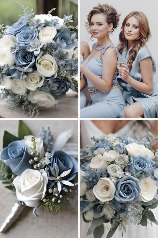 A photo collage of dusty blue, silver, and white wedding color ideas.