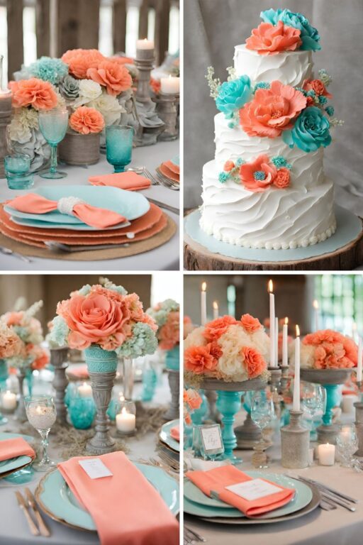 A photo collage of coral, aqua, grey, and tan wedding color ideas.