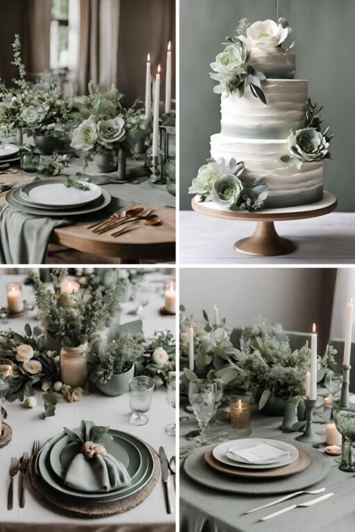 A photo collage of sage green and grey wedding color ideas.