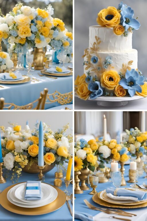 A photo collage of sky blue, gold yellow, and white wedding color ideas.