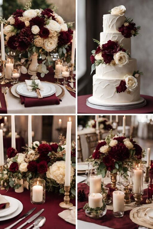 A photo collage of burgundy, cream, and beige wedding color ideas.