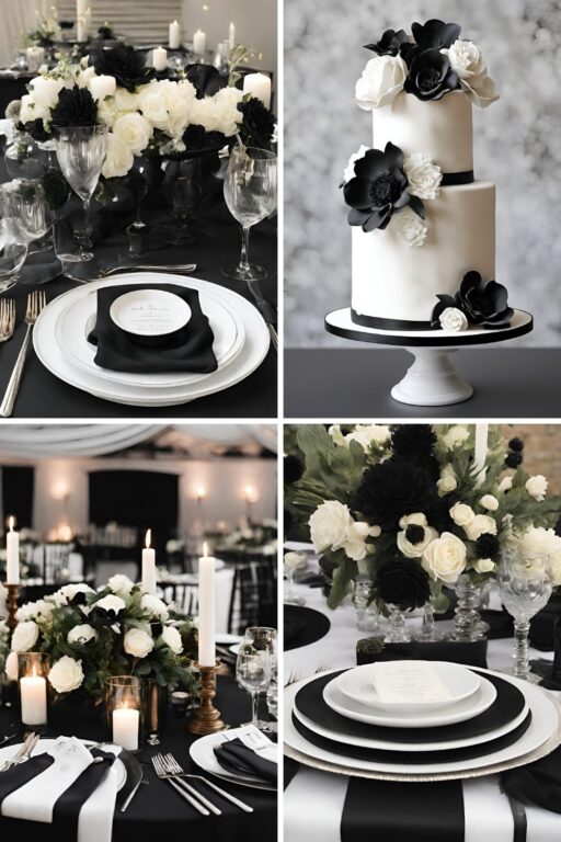 A photo collage of black and white wedding color ideas.