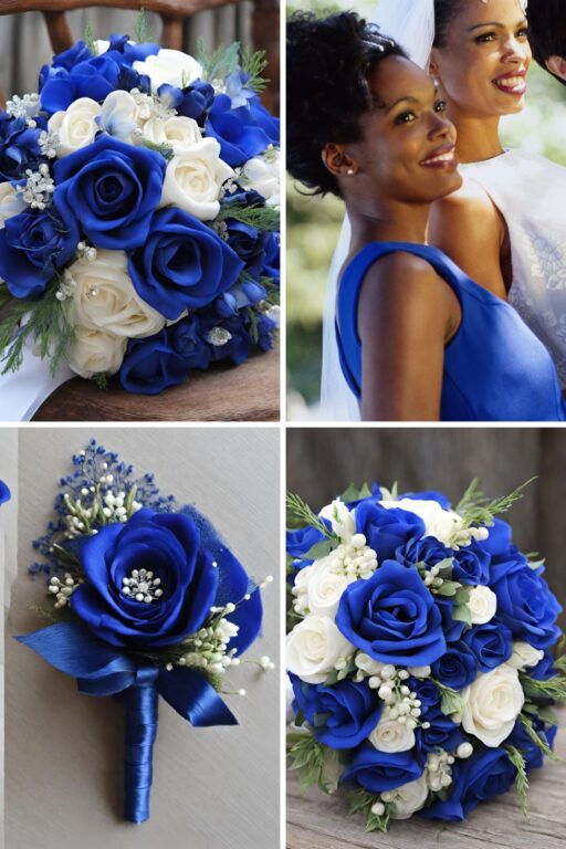 A photo collage of royal blue and white wedding color ideas.