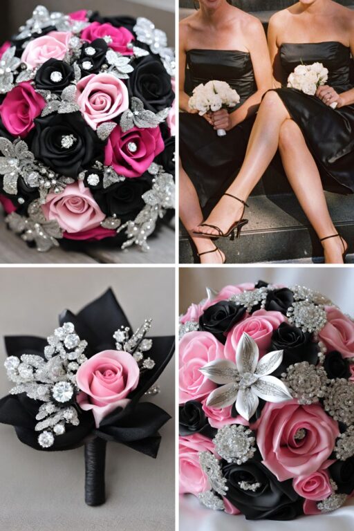 A photo collage of black, hot pink, light pink, and diamond wedding color ideas.