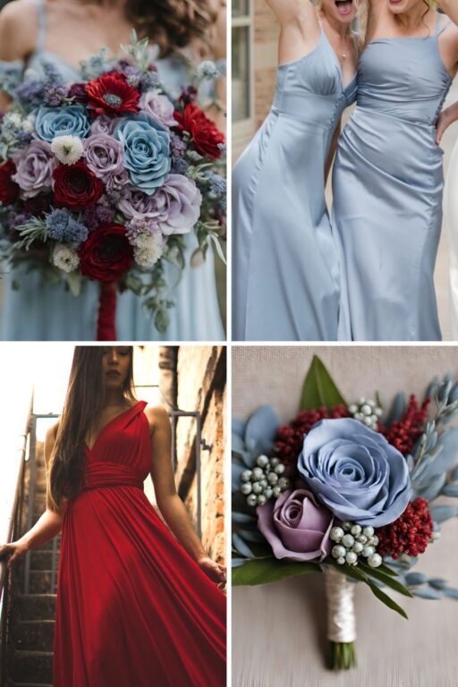 A photo collage of dusty blue, light purple, and red wedding color ideas.