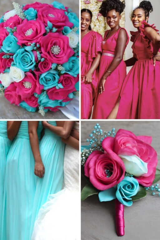 A photo collage of hot pink and aqua blue wedding color ideas.