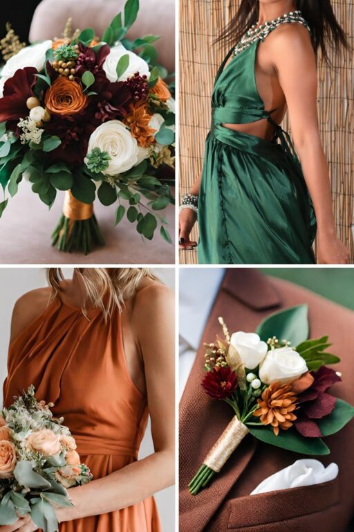 A photo collage of emerald green, burgundy, terracotta, and gold wedding ideas.