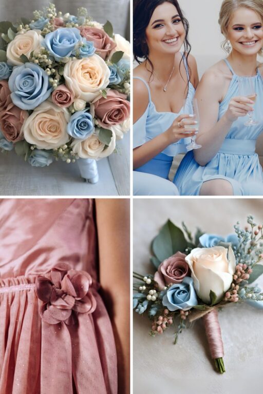 A photo collage of dusty rose, baby, blue, and ivory wedding color ideas.