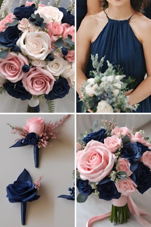 A photo collage of rosy pink and navy blue wedding color ideas.
