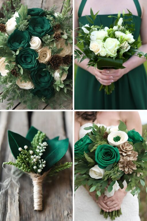 A photo collage of emerald green and rustic brown wedding color ideas.