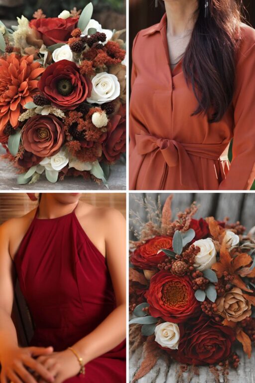 A photo collage of red and rust wedding color ideas.