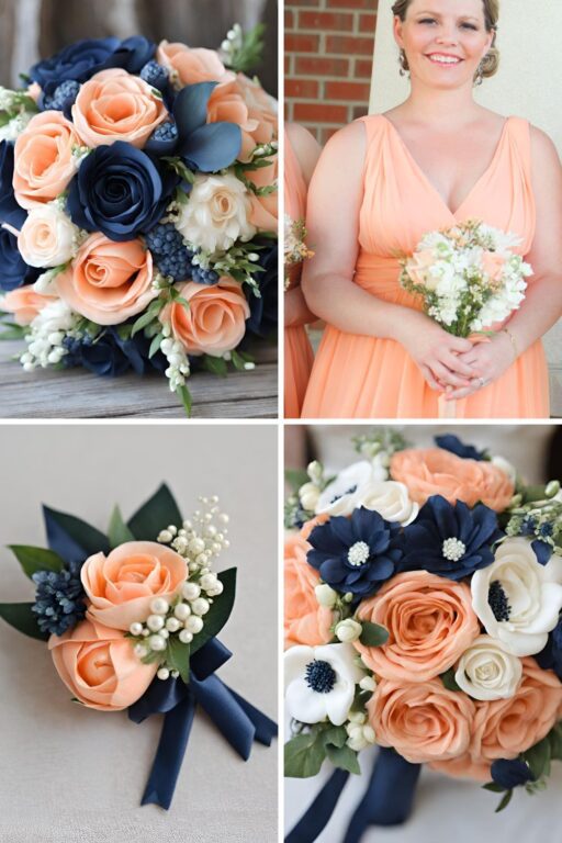 A photo collage of peach and navy blue wedding color ideas.