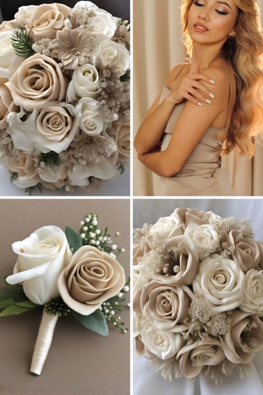 A photo collage of beige and champagne wedding color ideas.