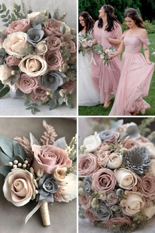 A photo collage of dusty pink, grey, and tan wedding color ideas.