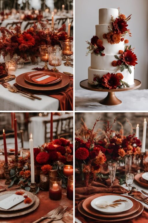 A photo collage of red and rust wedding color ideas.