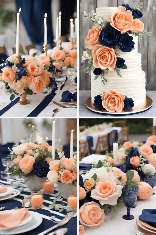 A photo collage of peach and navy blue wedding color ideas.