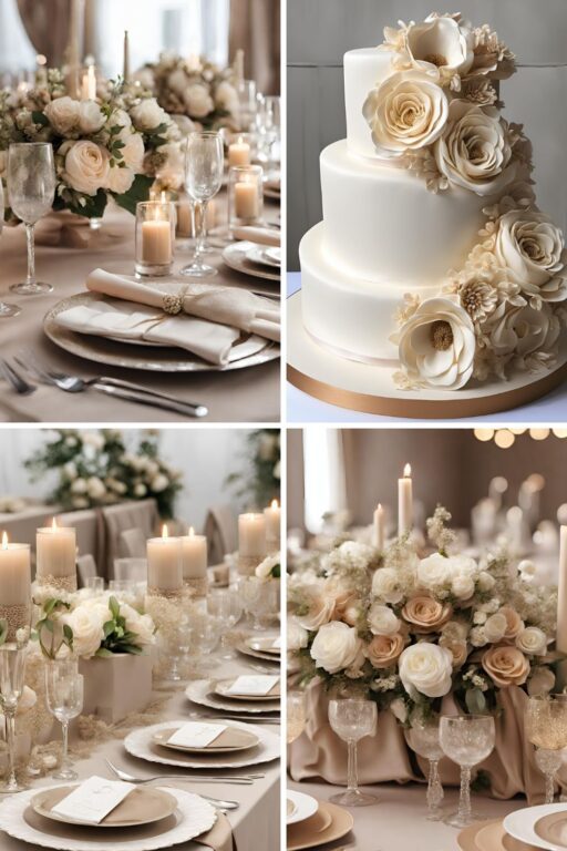 A photo collage of beige and champagne wedding color ideas.